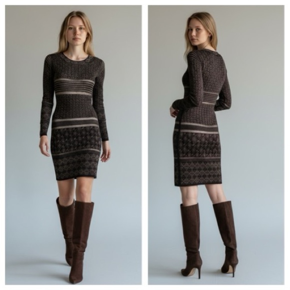 Elegant Marchesa Voyage Black and Brown Patterned Dress